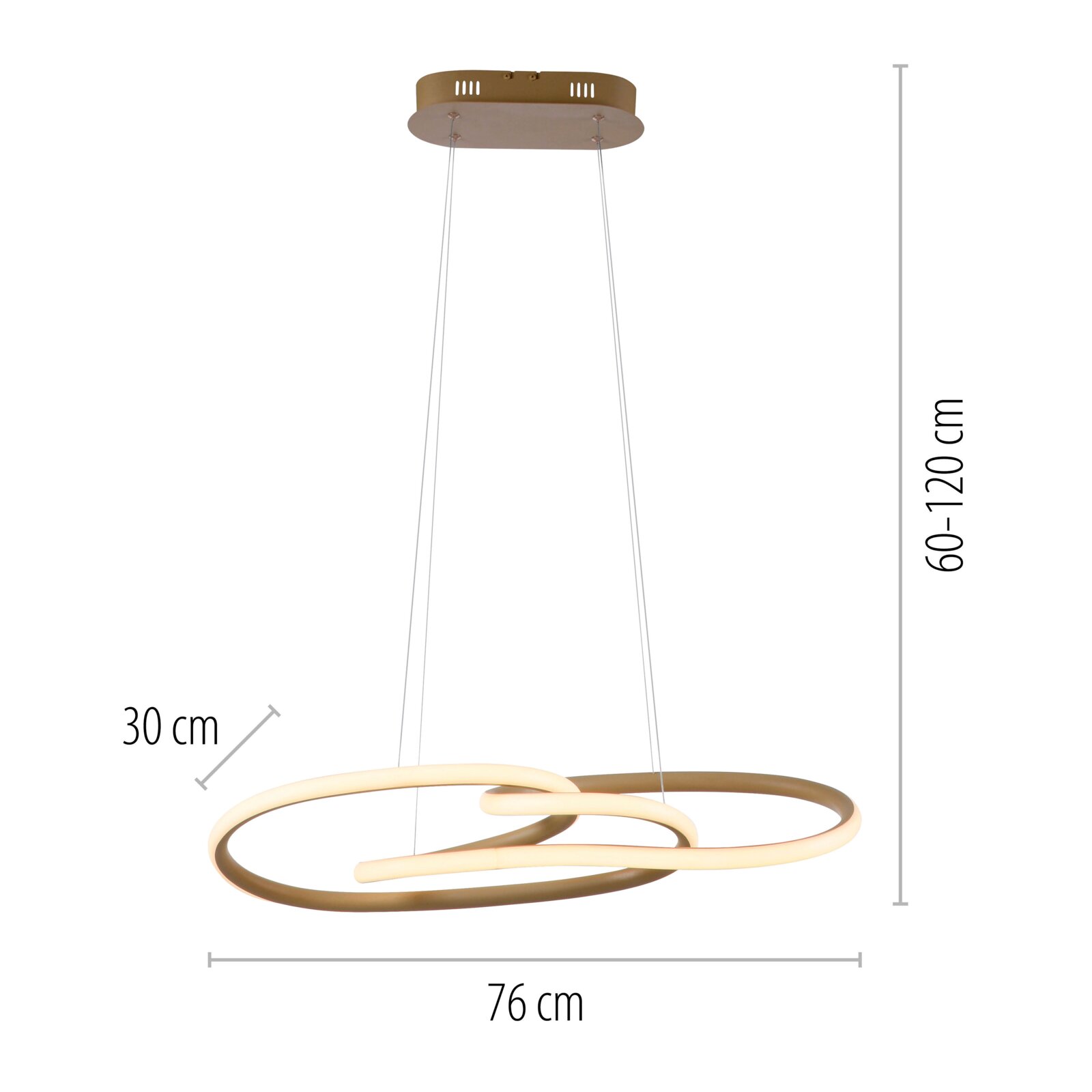 Moderne LED-Pendelleuchte in Gold/Champagner mit zwei ineinander verschlungenen, leuchtenden Ringen (Durchmesser ca. 76 cm), höhenverstellbar 60–120 cm, Produktansicht frontal von leicht unten auf weißem Hintergrund