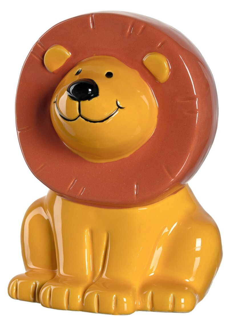 Keramik-Spardose in Form eines sitzenden Löwen mit brauner Mähne und gelbem Körper, seitliche Perspektive