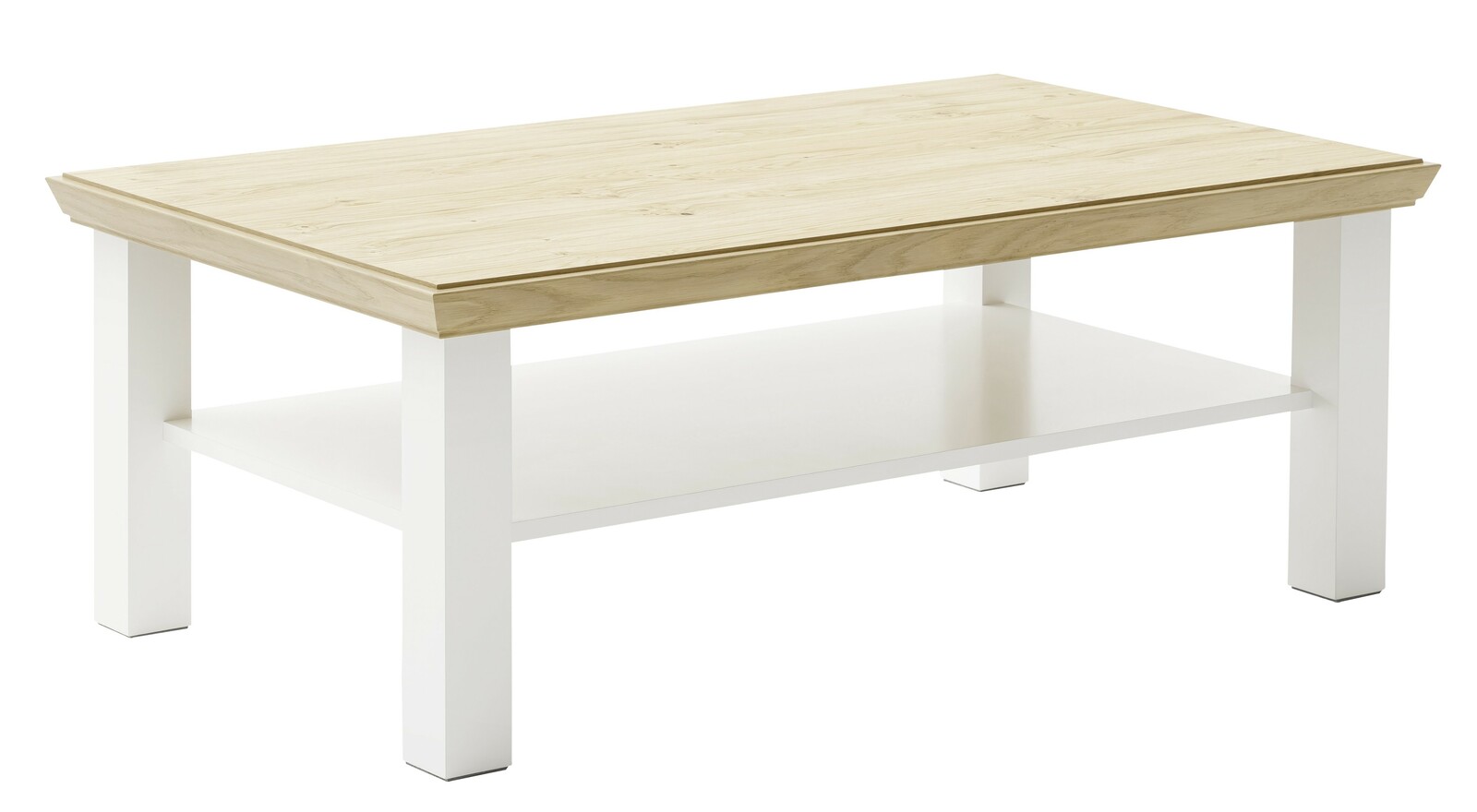 Moderner Couchtisch mit heller Holzplatte und weißen Beinen, seitliche Perspektive