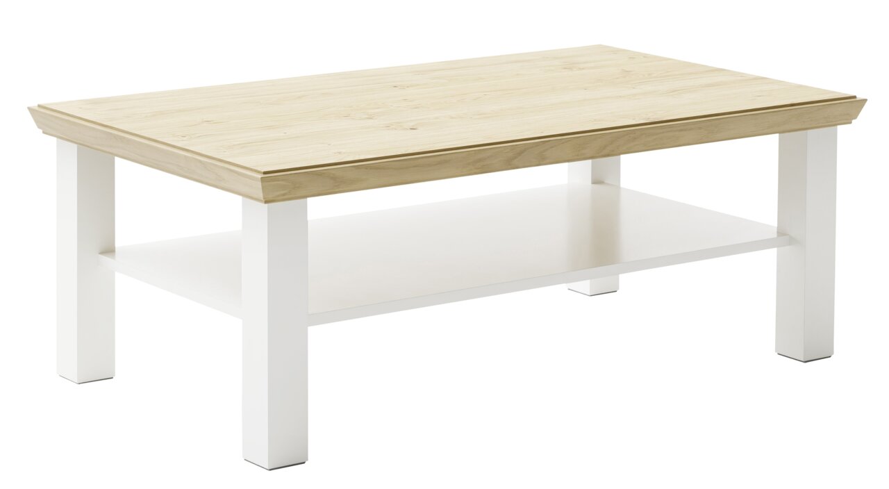 Moderner Couchtisch mit heller Holzplatte und weißen Beinen, seitliche Perspektive