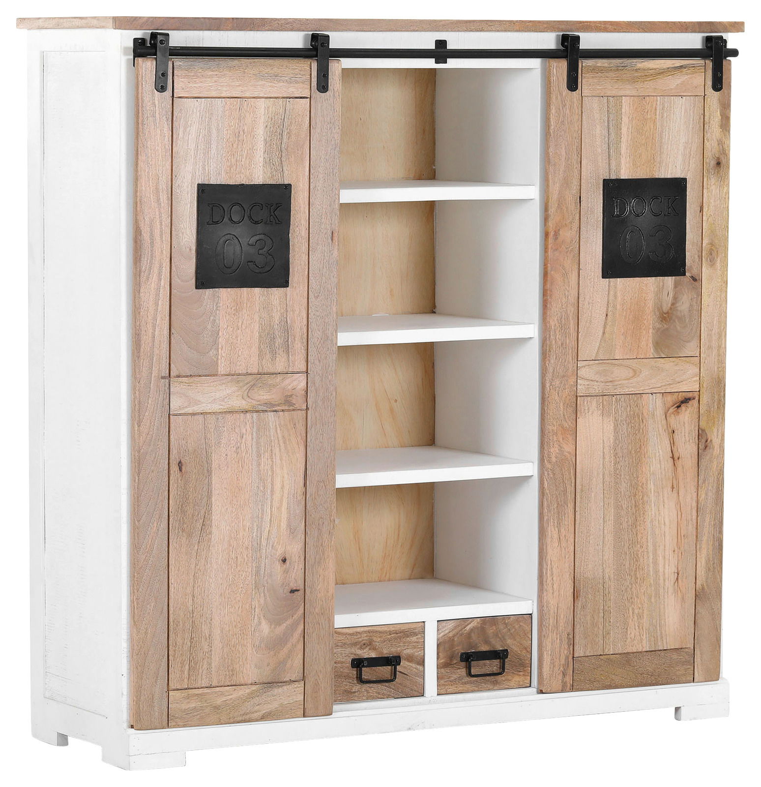 Z2 Highboard DOCK 03 Highboard mit Schiebetüren aus Holz, seitliche Perspektive, offene Regalfächer und zwei Schubladen unten, dekorative Metallakzente mit der Aufschrift 'DOCK 03'.