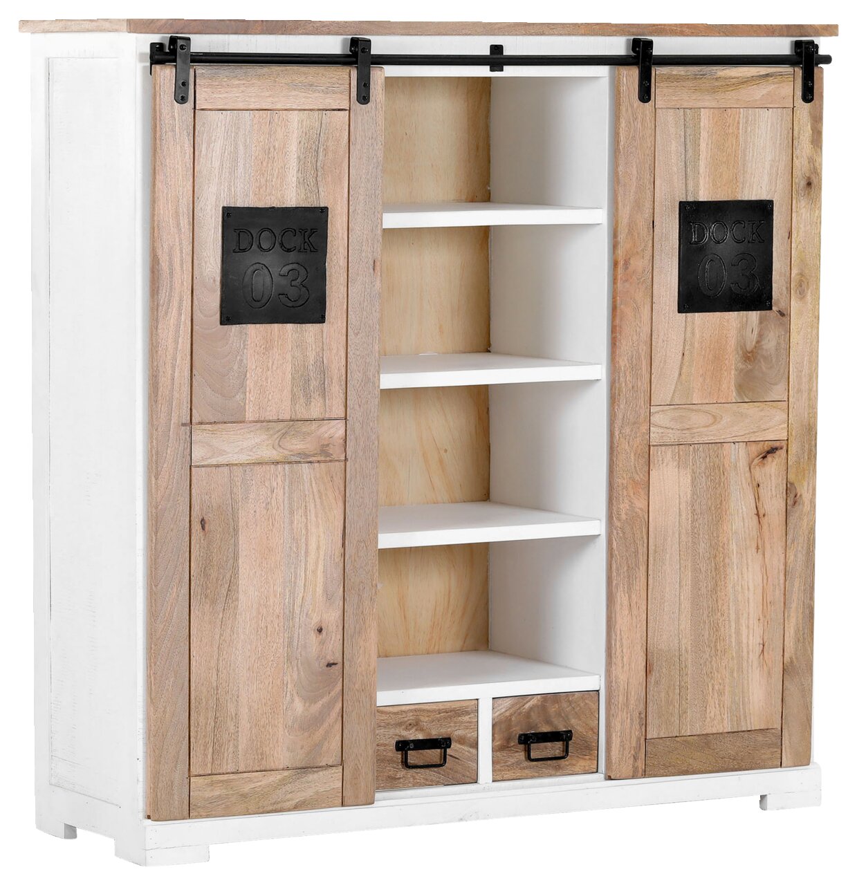 Z2 Highboard DOCK 03 Highboard mit Schiebetüren aus Holz, seitliche Perspektive, offene Regalfächer und zwei Schubladen unten, dekorative Metallakzente mit der Aufschrift 'DOCK 03'.
