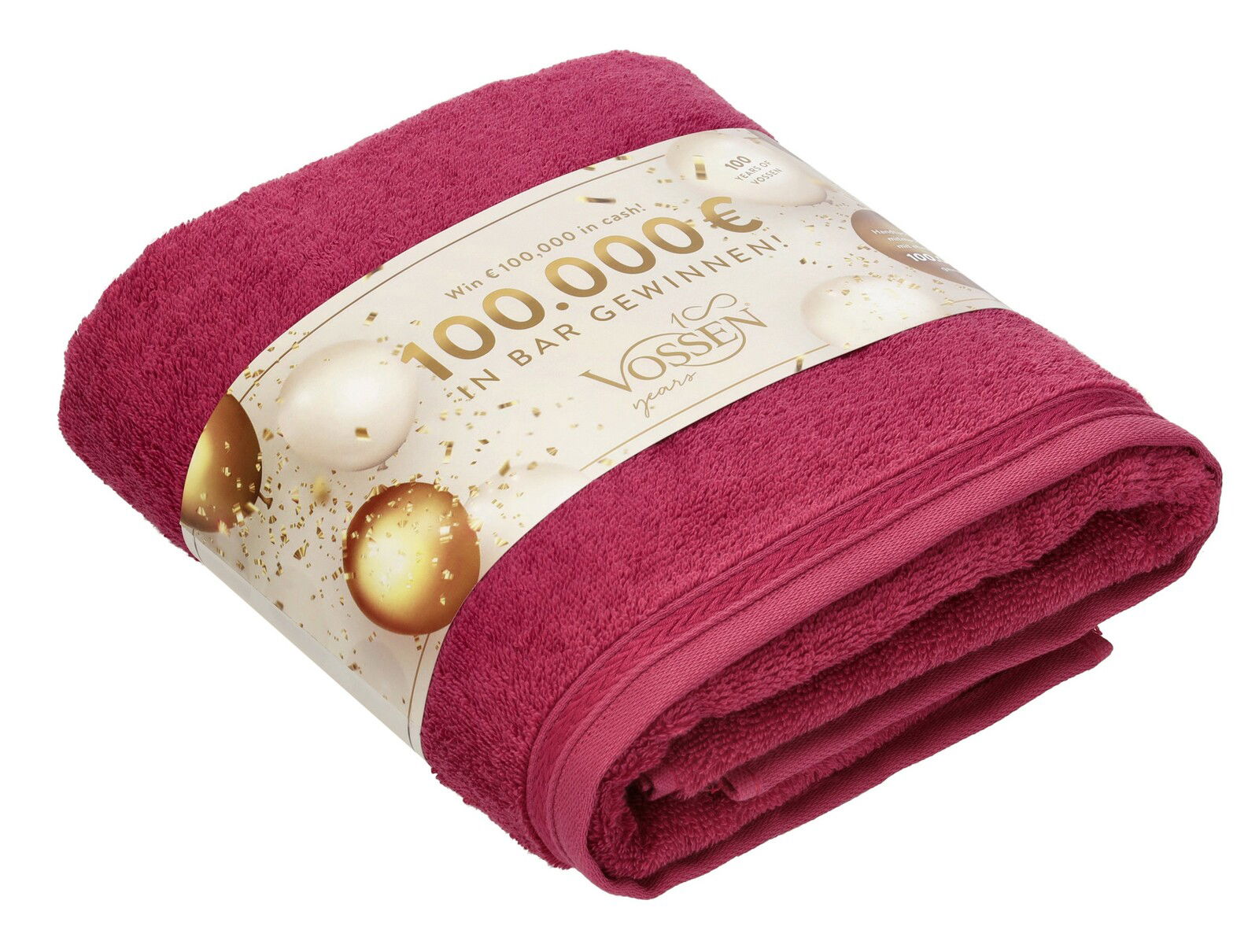 Rotes Vossen Duschtuch CELEBRATION, 67x140cm, gefaltet mit einer dekorativen Banderole, seitliche Perspektive