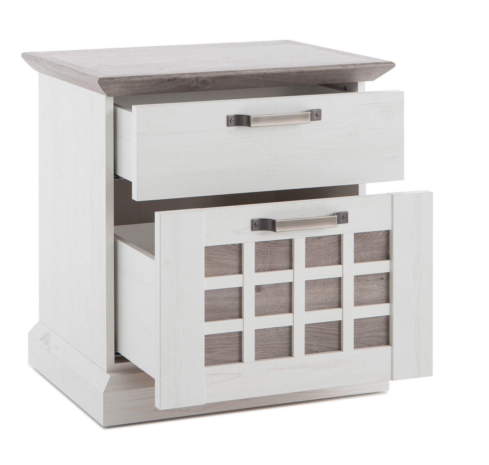 Nachtkommode aus Holz mit zwei Schubladen, eine davon mit Gitterdesign, in einer schrägen Perspektive.