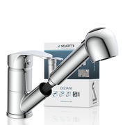 Moderne Spültischarmatur in Chromoptik mit herausziehbarem Auslauf, seitliche Perspektive