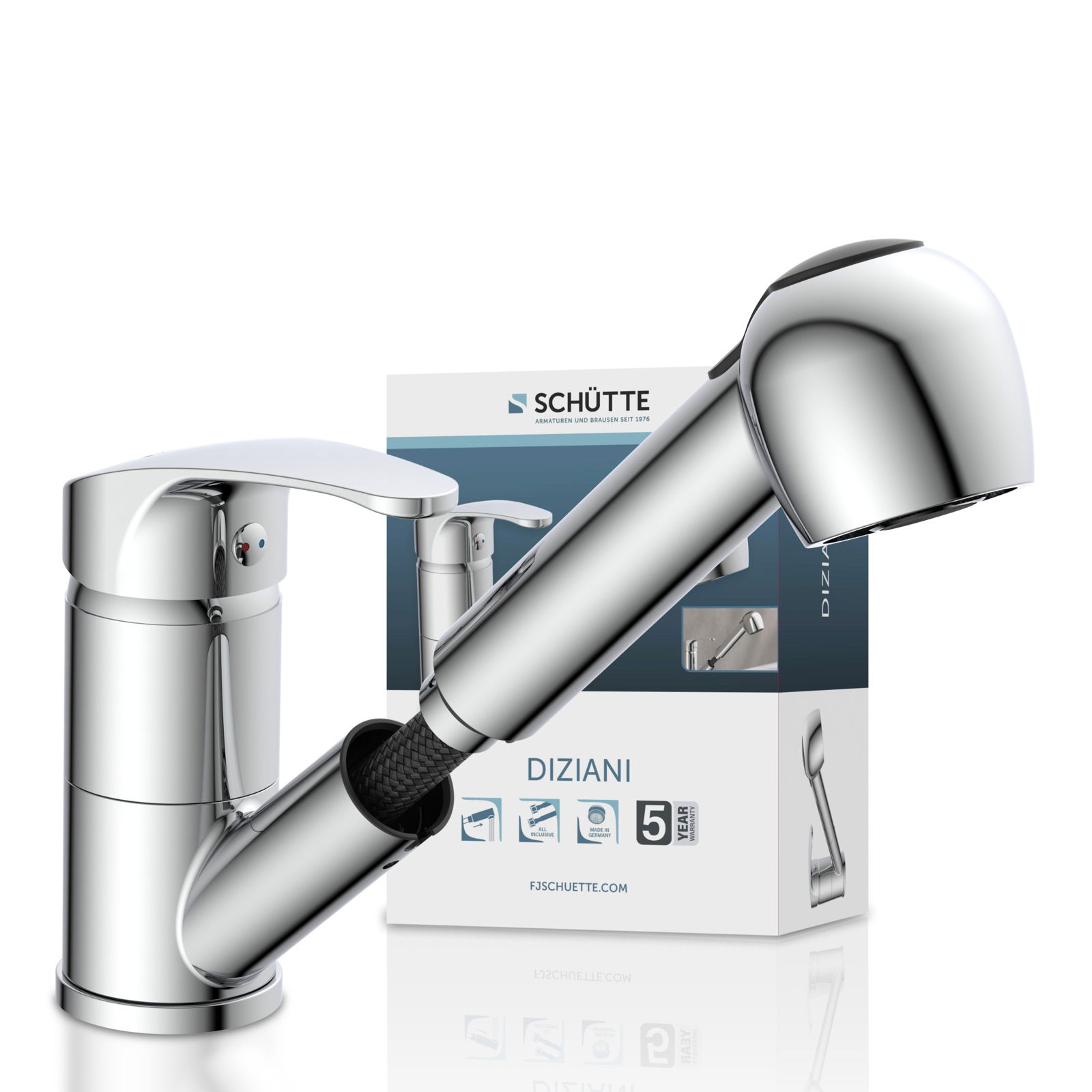 Moderne Spültischarmatur in Chromoptik mit herausziehbarem Auslauf, seitliche Perspektive