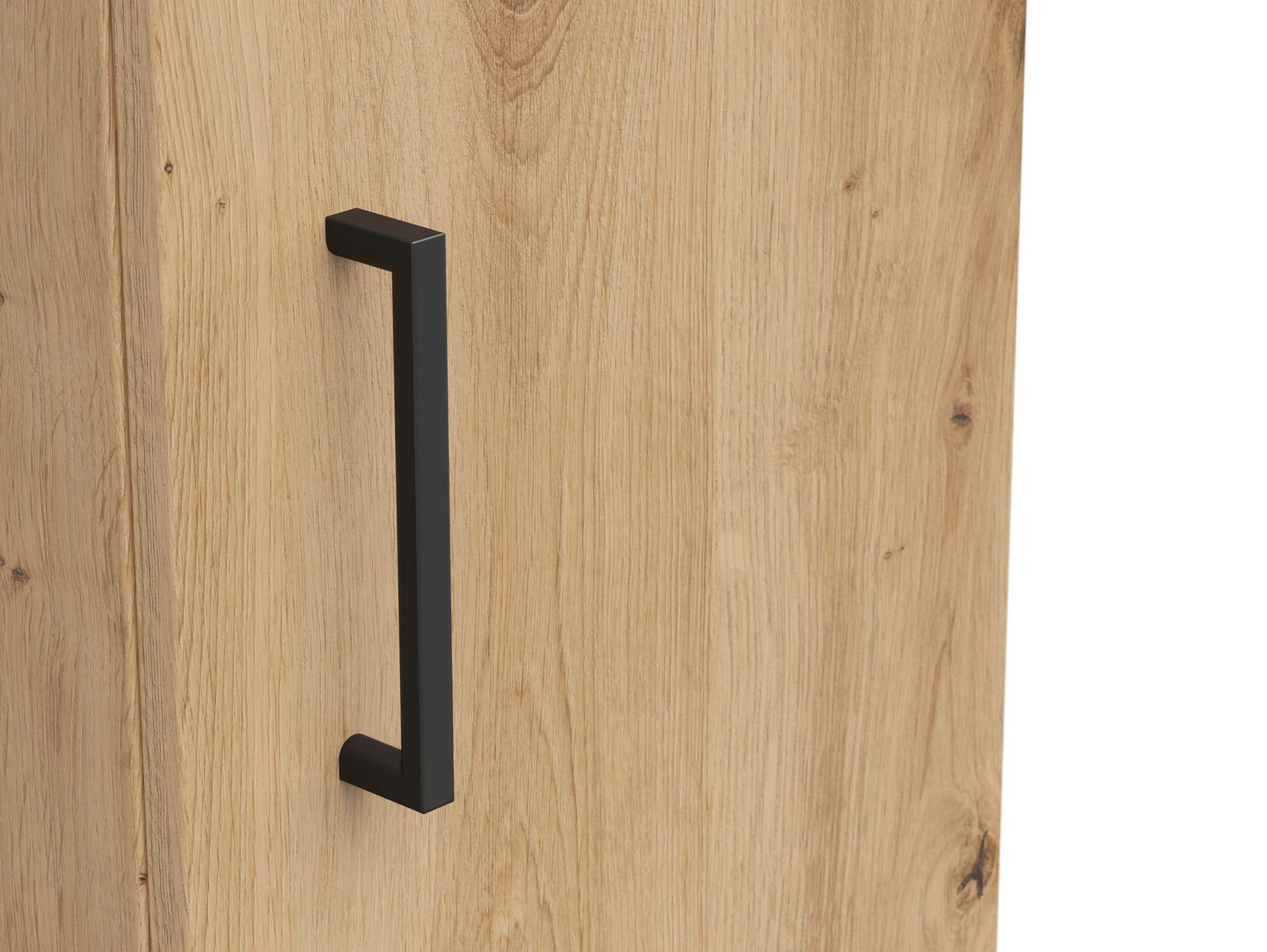 Nahaufnahme eines Mehrzweckschranks mit Holzoptik und schwarzem Griff, seitliche Perspektive