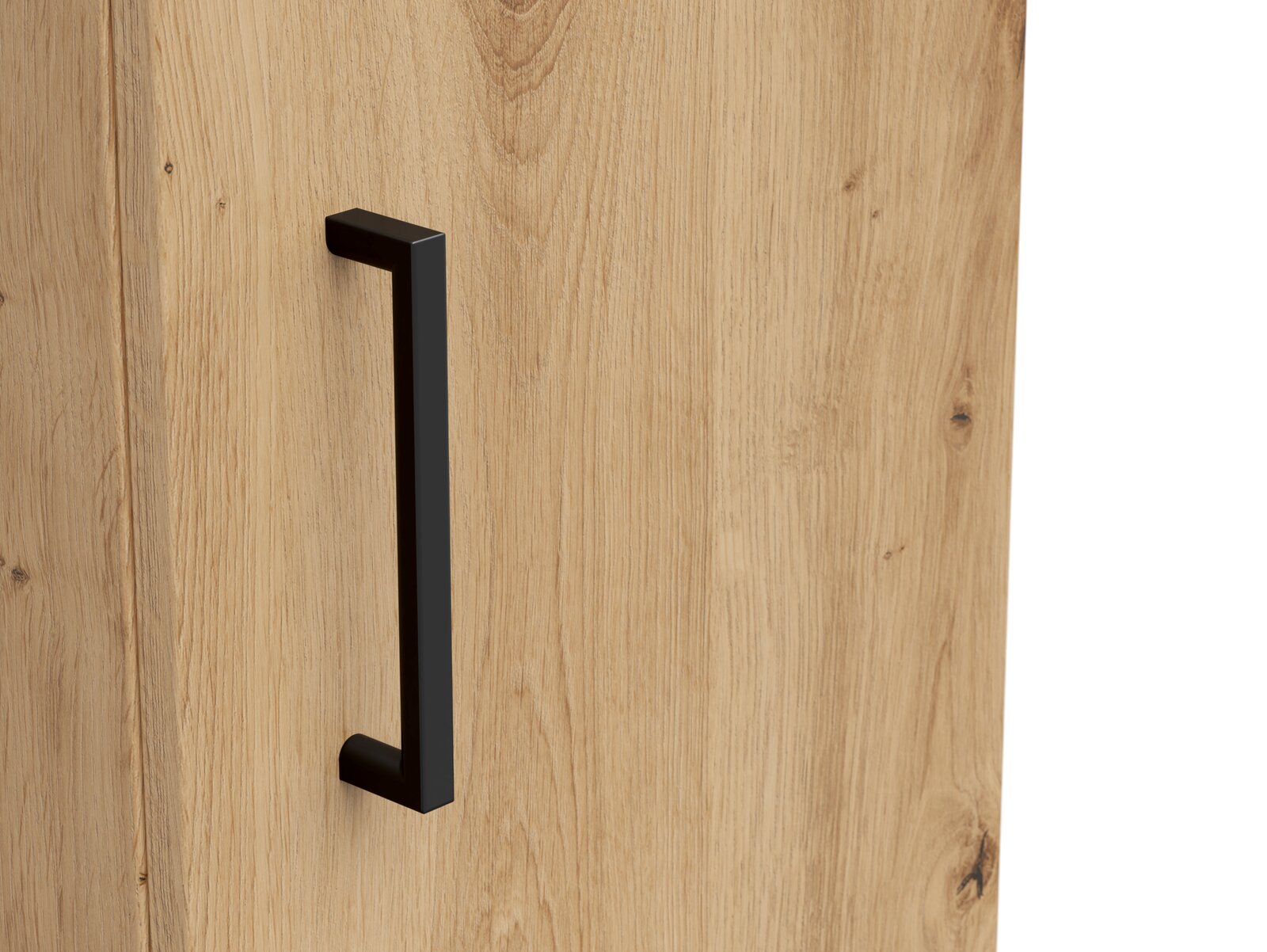 Nahaufnahme eines Mehrzweckschranks mit Holzoptik und schwarzem Griff, seitliche Perspektive