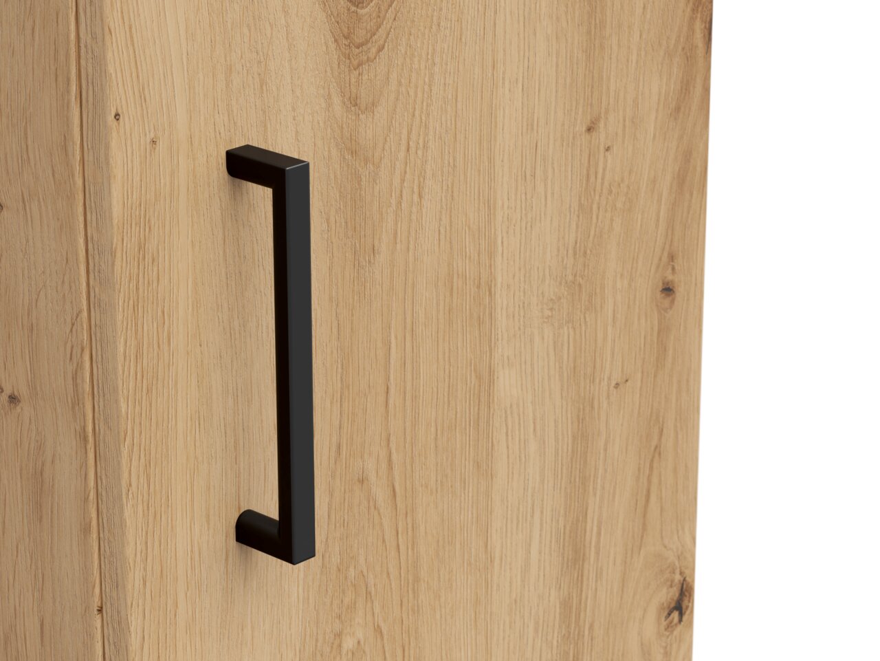 Nahaufnahme eines Mehrzweckschranks mit Holzoptik und schwarzem Griff, seitliche Perspektive