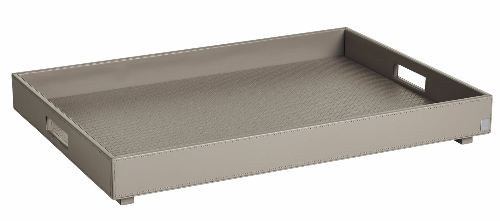 Großes graues Tablett mit strukturiertem Boden und seitlichen Griffen, perspektivisch von schräg oben fotografiert.