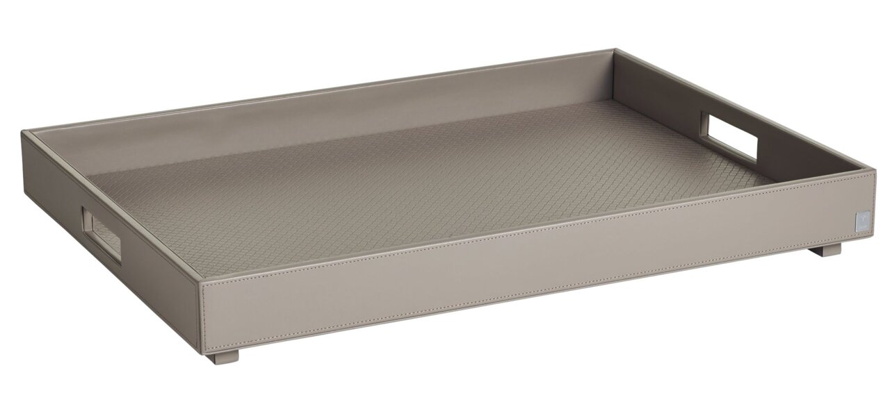 Großes graues Tablett mit strukturiertem Boden und seitlichen Griffen, perspektivisch von schräg oben fotografiert.