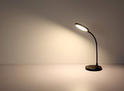 Moderne Tischleuchte mit flexiblem Hals und rundem Leuchtkopf, seitliche Perspektive