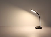 Moderne Tischleuchte mit flexiblem Hals und rundem Leuchtkopf, seitliche Perspektive