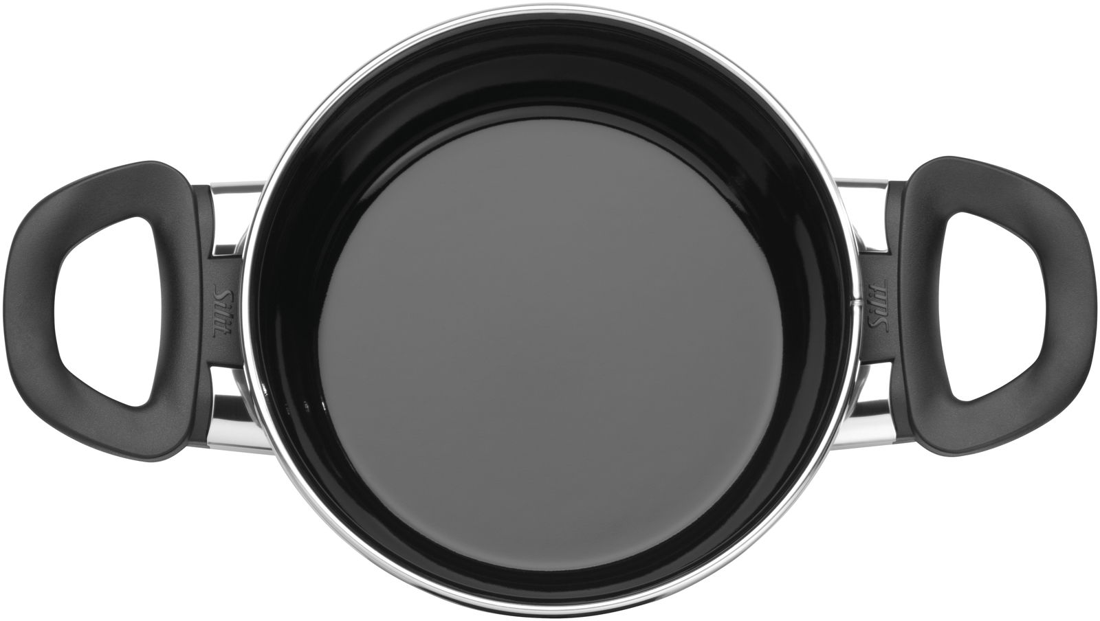 Topf aus der Vogelperspektive mit schwarzen Griffen und glänzendem Innenraum