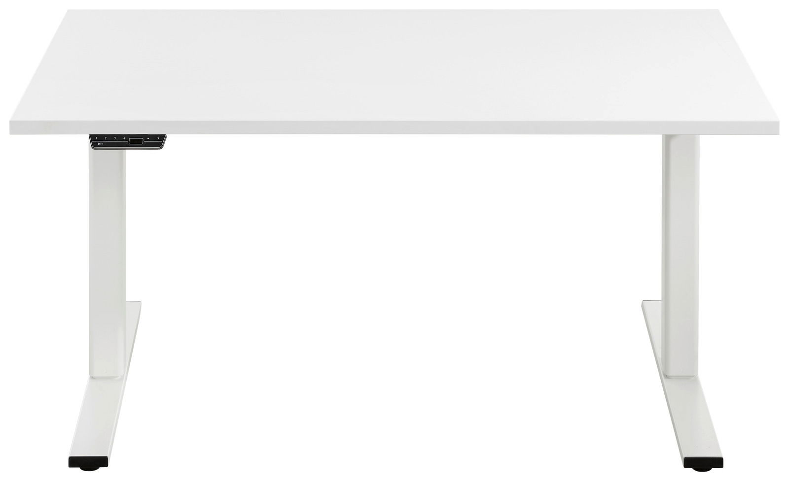 Weißer E-Schreibtisch der Serie EFLEX von Voleo, frontal betrachtet mit elektronischer Steuerung.