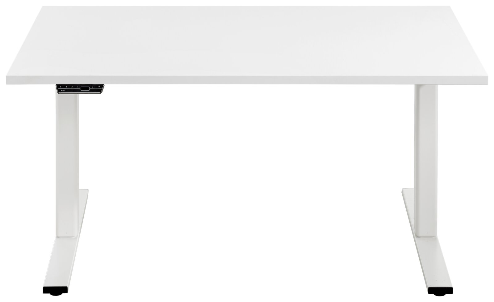 Weißer E-Schreibtisch der Serie EFLEX von Voleo, frontal betrachtet mit elektronischer Steuerung.