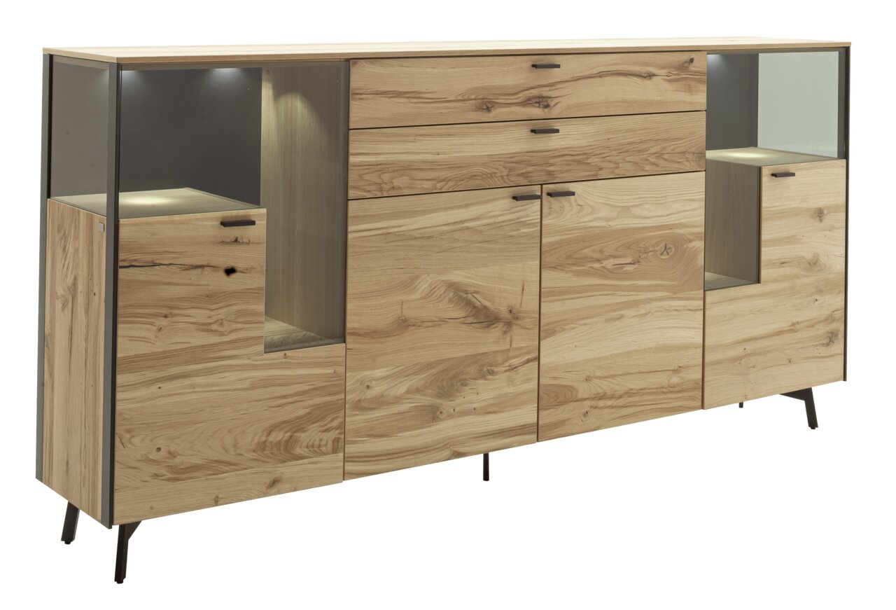 Modern houten dressoir met glazen vitrines en lades, zijaanzicht