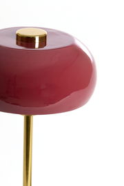 Nahaufnahme einer Tischleuchte mit rotem, glänzendem Schirm und goldfarbenem Ständer, seitliche Perspektive.