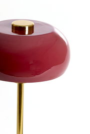 Nahaufnahme einer Tischleuchte mit rotem, glänzendem Schirm und goldfarbenem Ständer, seitliche Perspektive.