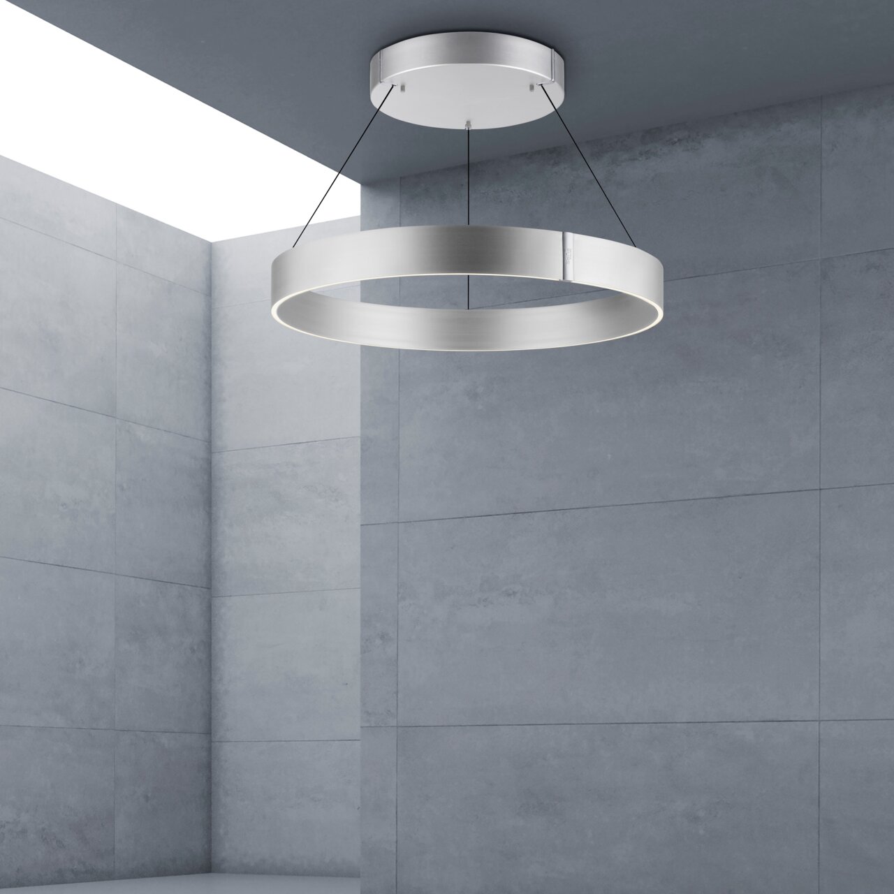 Moderne Pendelleuchte PURE E-CLIPSE von Paul Neuhaus in silberner Ringform, von unten betrachtet, in einem minimalistischen Raum.