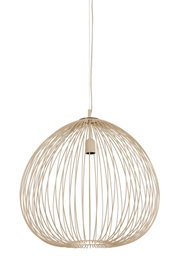 Moderne hanglamp van metaal met een draadachtig, bolvormig ontwerp, gezien vanaf de zijkant.