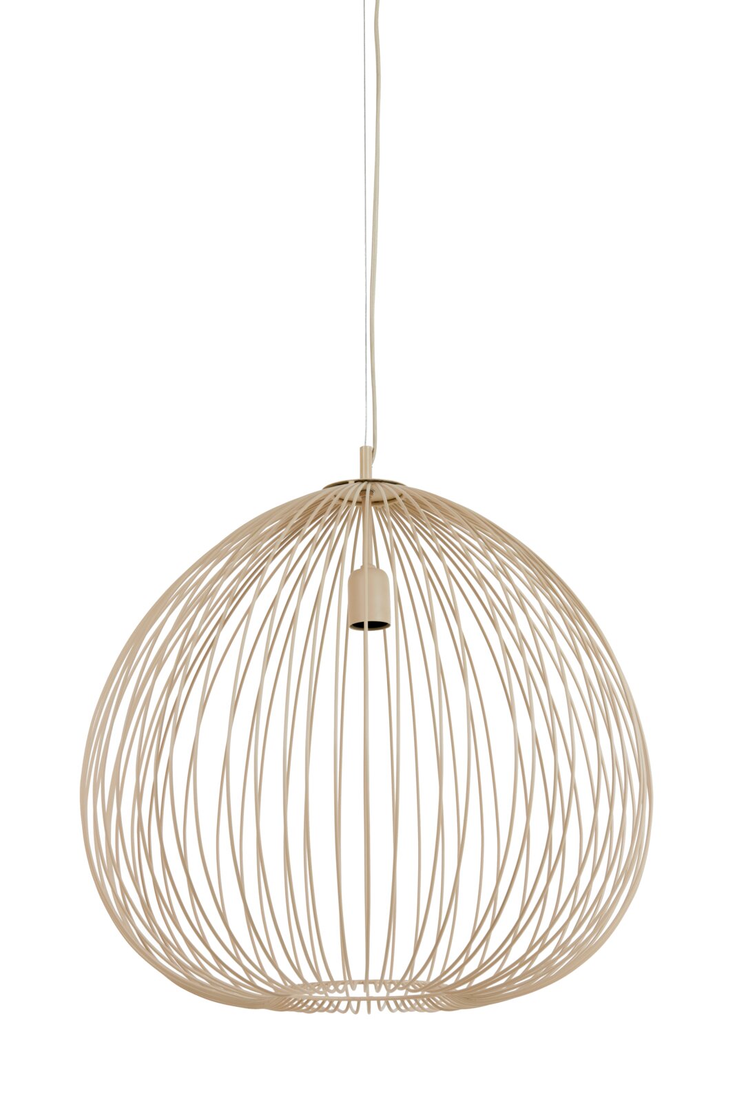 Moderne hanglamp van metaal met een draadachtig, bolvormig ontwerp, gezien vanaf de zijkant.