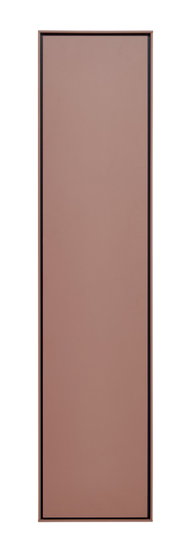 Schlanker, rechteckiger Wandspiegel mit rosé-/kupferfarbener Spiegelfläche und schmalem dunklem Rahmen, Frontalansicht