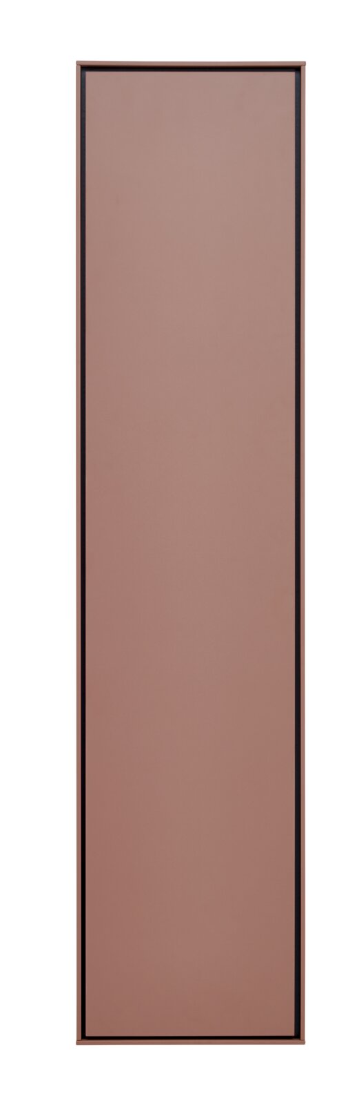 Schlanker, rechteckiger Wandspiegel mit rosé-/kupferfarbener Spiegelfläche und schmalem dunklem Rahmen, Frontalansicht