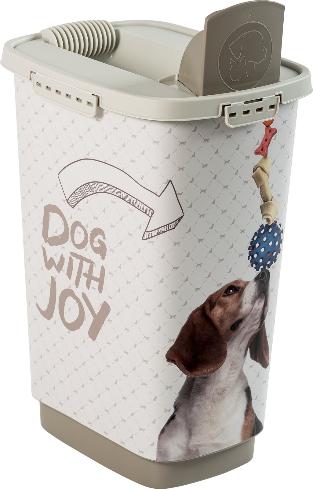 rotho Voerbak voor dieren, 25 l CODY Voerbak van 25 liter met hondenafbeelding en opschrift 'Dog with Joy', zijaanzicht