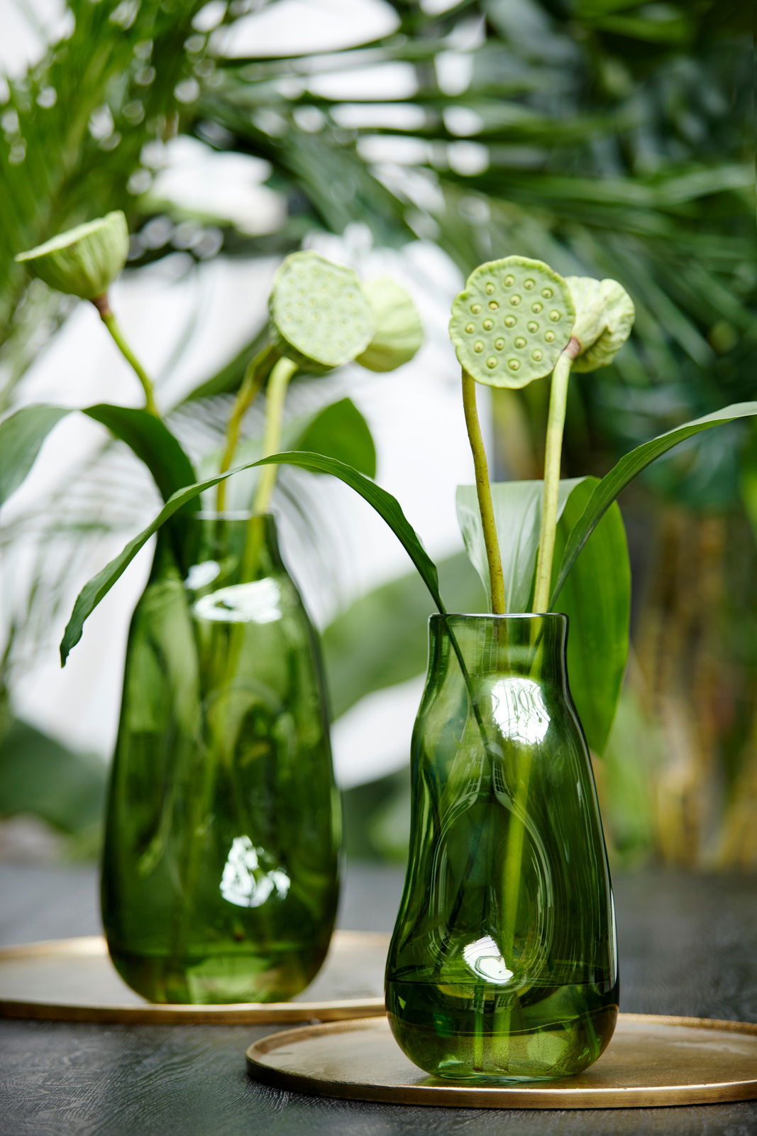 Zwei grüne Glasvasen mit exotischen Pflanzen, auf goldenen Tabletts stehend, aus seitlicher Perspektive fotografiert.