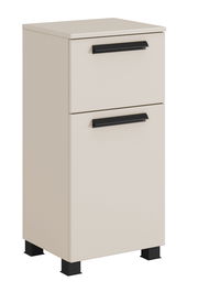 Beiger Unterschrank mit zwei Schubladen und schwarzen Griffen, seitliche Perspektive