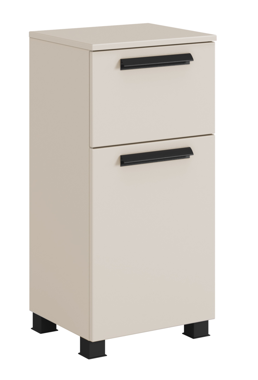 XORA Unterschrank VANNES Beiger Unterschrank mit zwei Schubladen und schwarzen Griffen, seitliche Perspektive