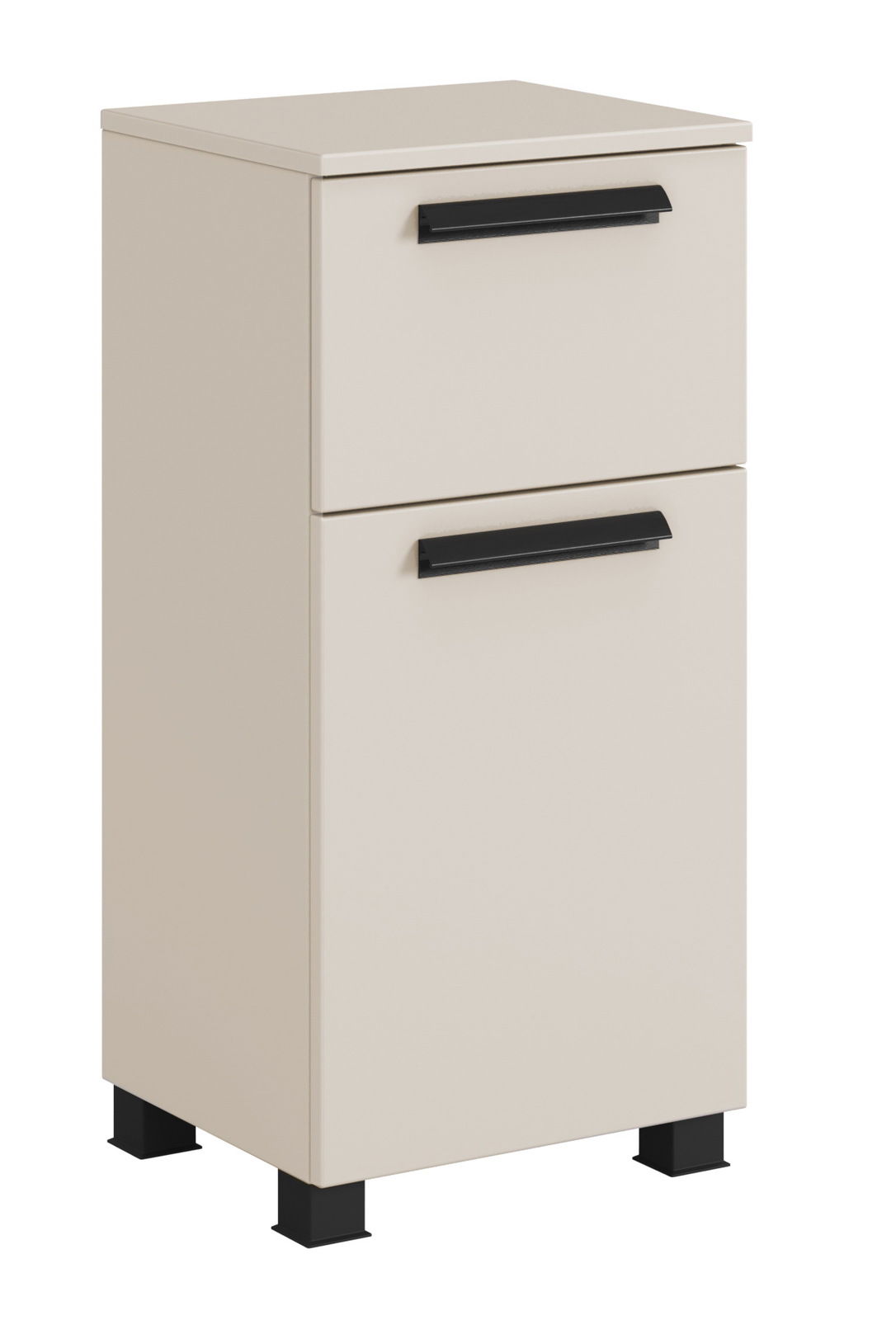 Beiger Unterschrank mit zwei Schubladen und schwarzen Griffen, seitliche Perspektive