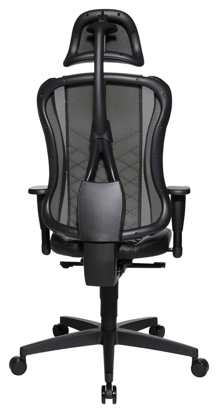 Rückansicht eines ergonomischen Gaming-Stuhls mit Netzrückenlehne und Kopfstütze