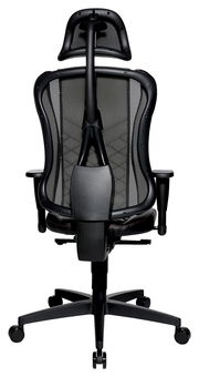 Rückansicht eines ergonomischen Gaming-Stuhls mit Netzrückenlehne und Kopfstütze