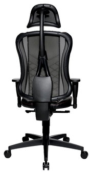 Rückansicht eines ergonomischen Gaming-Stuhls mit Netzrückenlehne und Kopfstütze