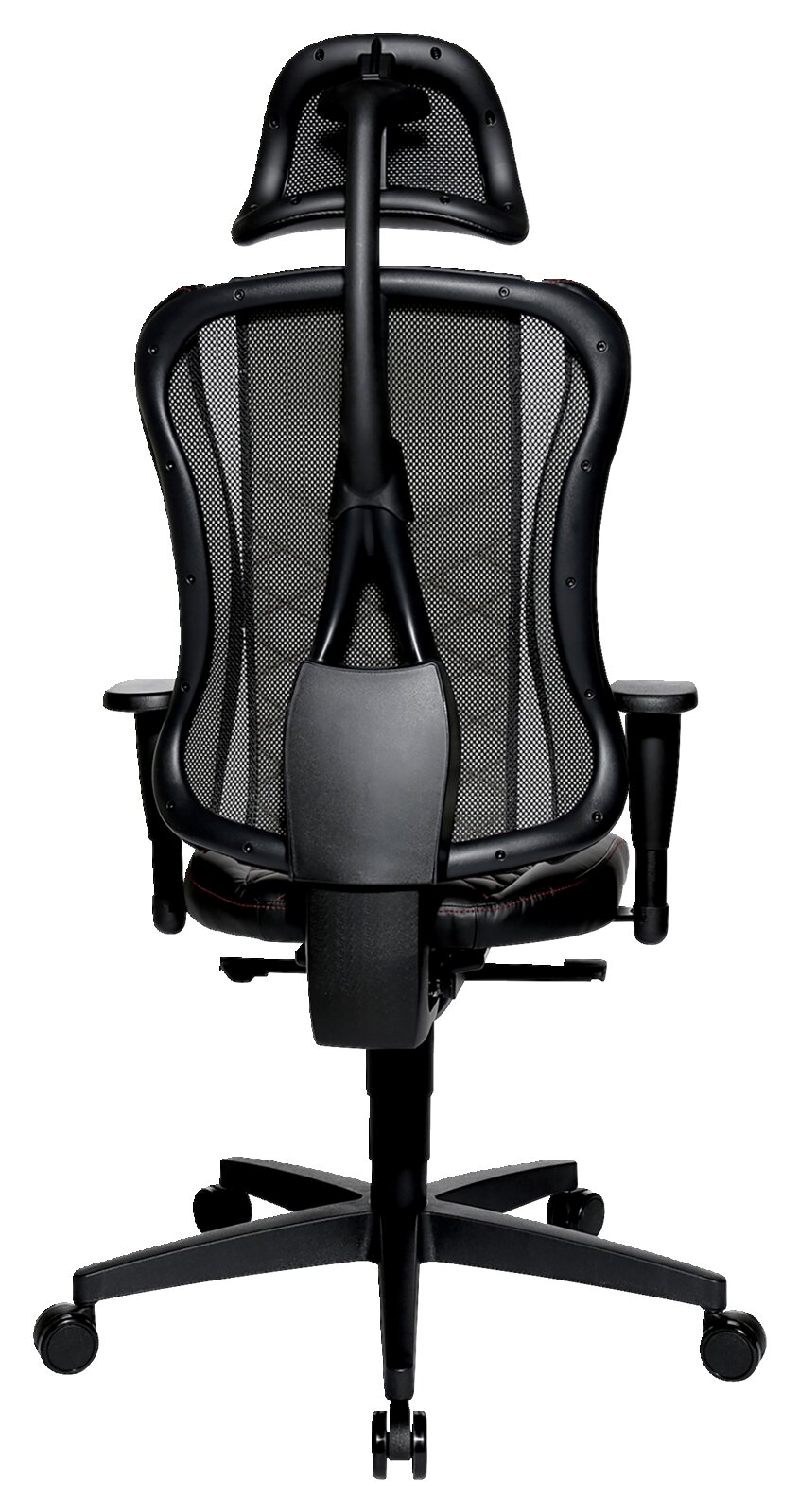 Rückansicht eines ergonomischen Gaming-Stuhls mit Netzrückenlehne und Kopfstütze
