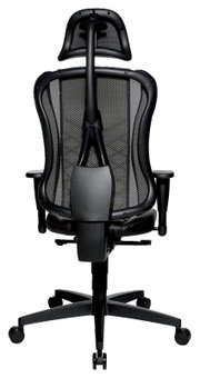 Rückansicht eines ergonomischen Gaming-Stuhls mit Netzrückenlehne und Kopfstütze