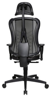 Rückansicht eines ergonomischen Gaming-Stuhls mit Netzrückenlehne und Kopfstütze