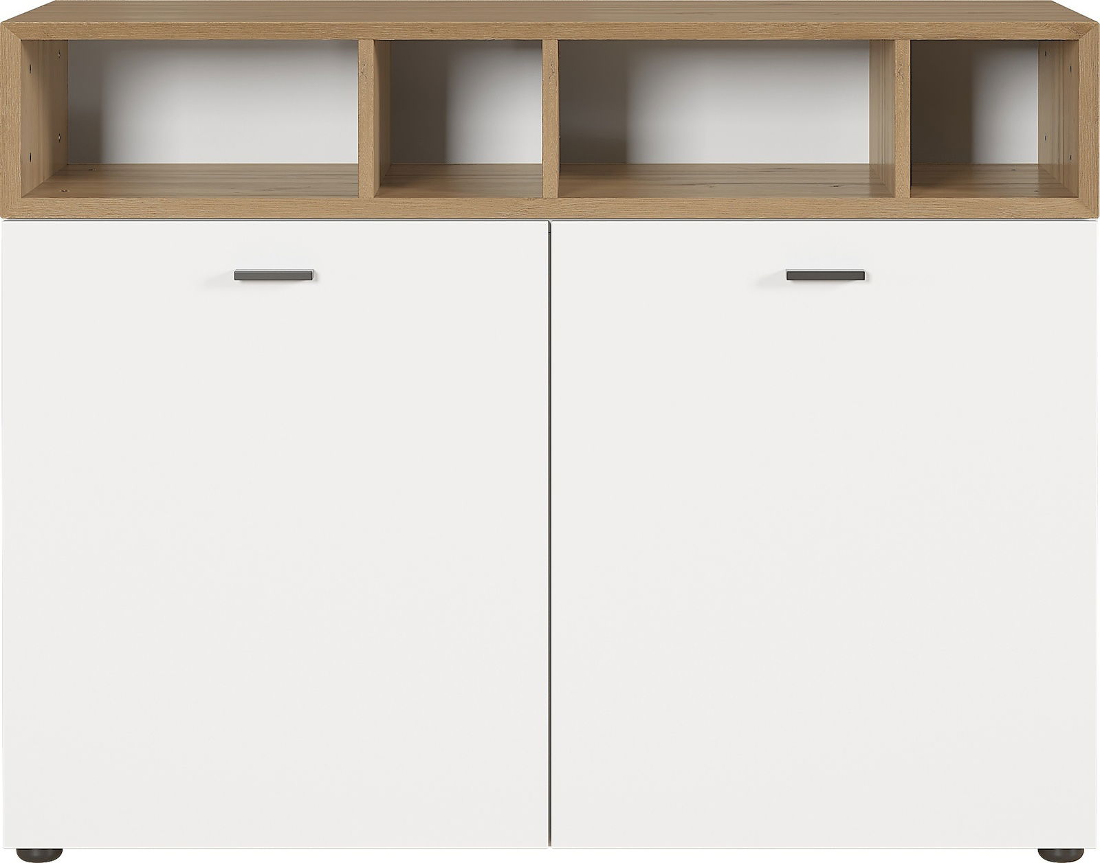 Kommode mit zwei weißen Türen und drei offenen Fächern aus Holz, Frontalansicht