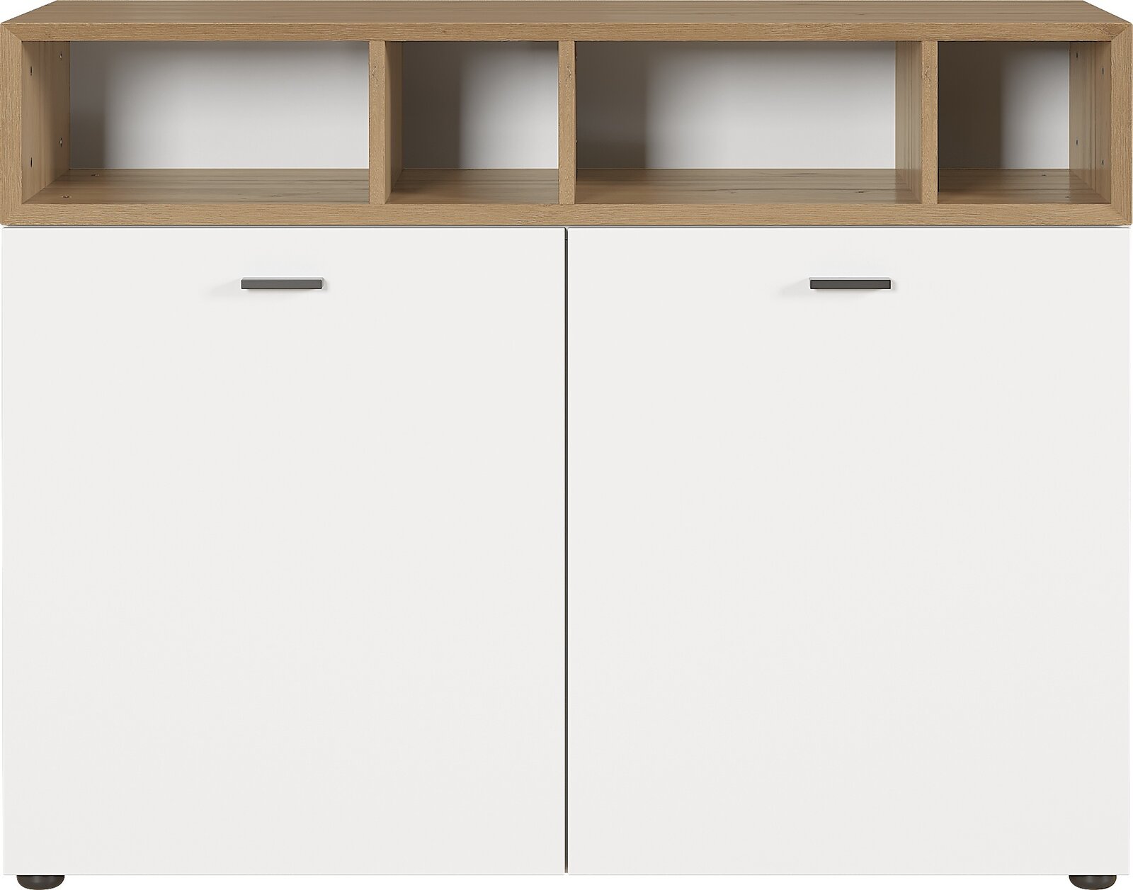 Kommode mit zwei weißen Türen und drei offenen Fächern aus Holz, Frontalansicht