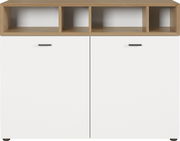 Kommode mit zwei weißen Türen und drei offenen Fächern aus Holz, Frontalansicht