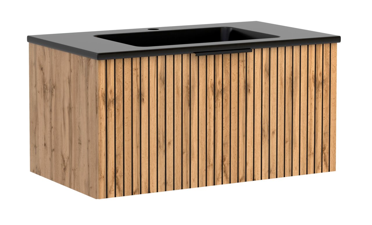 Waschtisch-Set 80 cm mit Holzoptik und schwarzer Oberfläche, perspektivische Ansicht von vorne