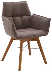 Moderner Armlehnenstuhl mit gepolstertem Sitz in Braun und Holzbeinen, seitliche Perspektive