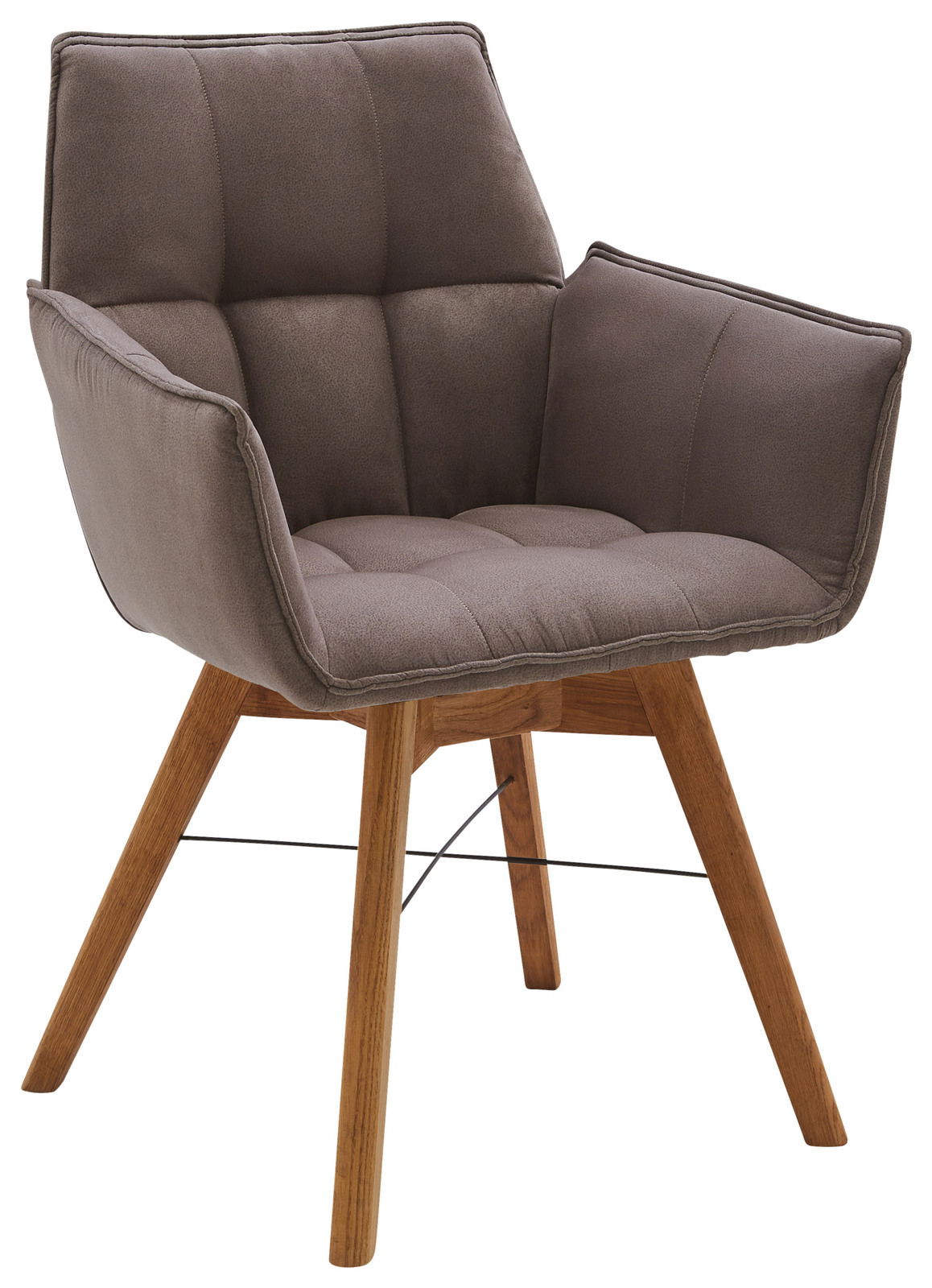 Moderner Armlehnenstuhl mit gepolstertem Sitz in Braun und Holzbeinen, seitliche Perspektive