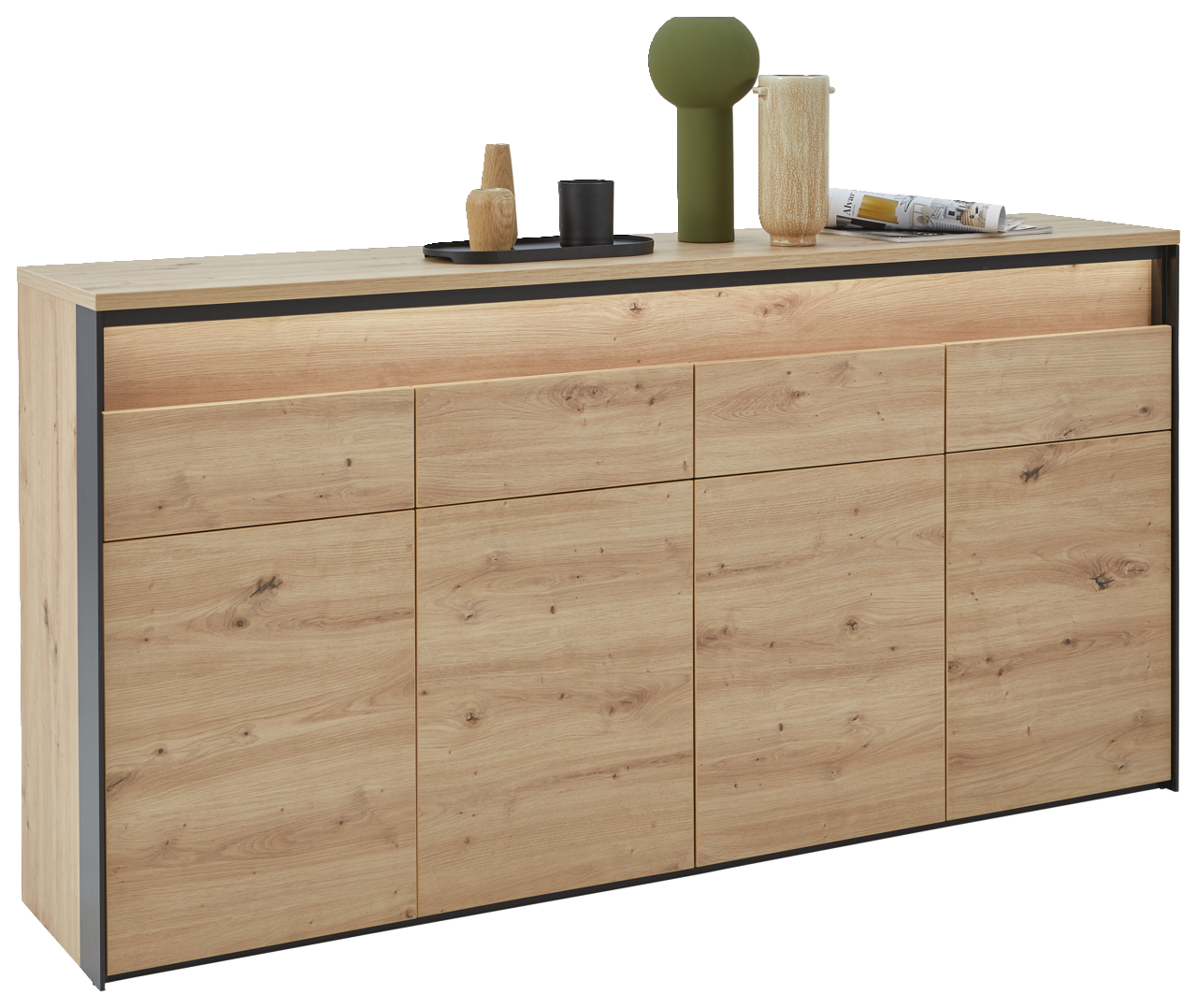 Voleo XL-Sideboard XL-Sideboard aus Holz mit sechs Schubladen und moderner Dekoration auf der Oberseite, seitliche Perspektive