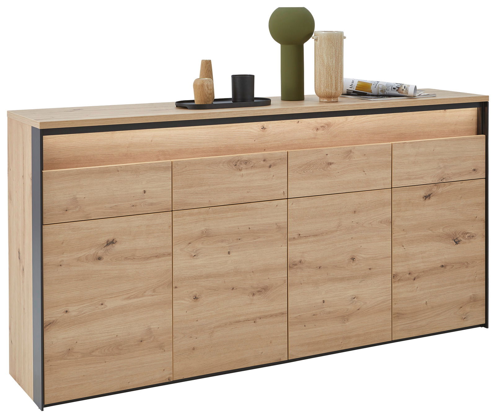XL-Sideboard aus Holz mit sechs Schubladen und moderner Dekoration auf der Oberseite, seitliche Perspektive