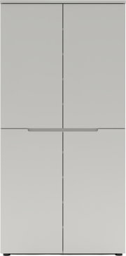 Weißer, minimalistischer Schrank mit vier Türen und mittigem Griff, frontale Ansicht.