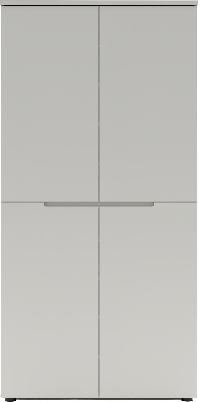 Weißer, minimalistischer Schrank mit vier Türen und mittigem Griff, frontale Ansicht.