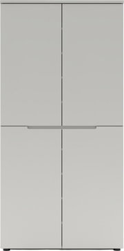 Witte, minimalistische kast met vier deuren en een greep in het midden, gezien van voren.